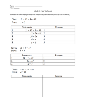 Practice Algebraic Proof with this Worksheet