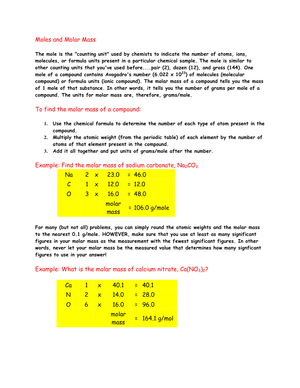 Calculating Moles and Molar Mass