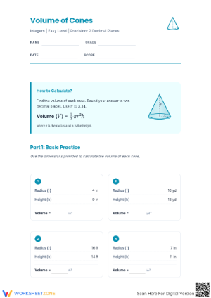 Essential Volume of Cones Practice Worksheet | Grade 8