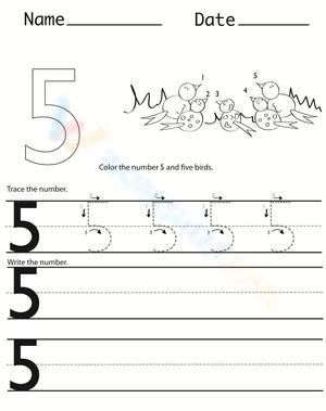 Trace Number 5: Handwriting Skills Worksheet