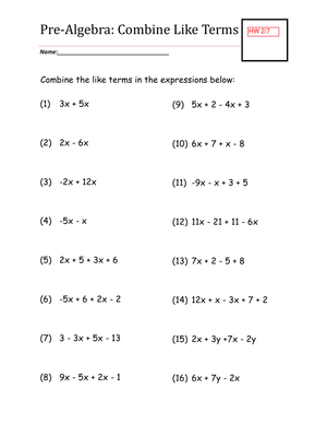 Pre-Algebra: Combining Like Terms Practice