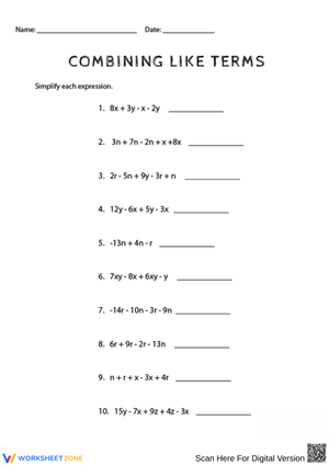 Combining like terms Exercises for Practice