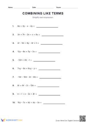 Essential Combining Like Terms Worksheet | Grade 7-8 Math