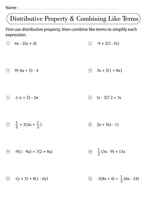 Worksheet for Combining Like Terms