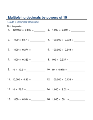 Multiplying Decimals by Powers of 10 Practice