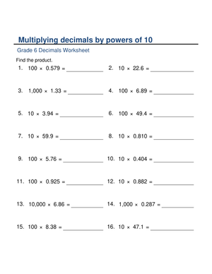 Multiplying by Powers of 10 Practice Sheet