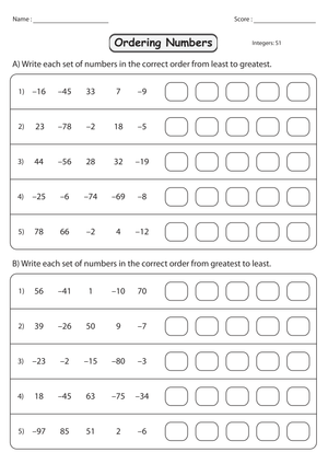 Ordering Integers Standard Practice