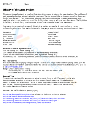 History of the Atom Project Worksheet