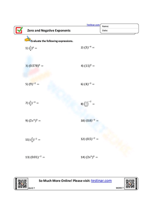 Zero and Negative Exponents Practice Sheet
