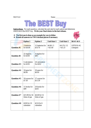 Determine the Best Buy: Unit Price Worksheet