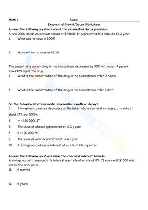 Free Exponential Growth and Decay Worksheets with Answer Key