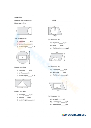Find the Area of the Shaded Region Worksheets With Answers