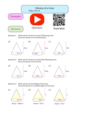 Volume of a Cone Worksheet 1
