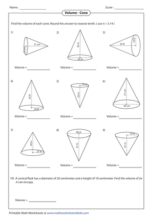 Volume of a Cone Worksheet 2