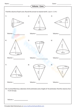 Volume of a Cone Worksheet 2
