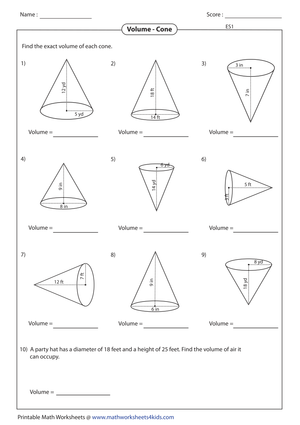 Volume of a Cone Worksheet 5
