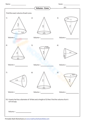 Volume of a Cone Worksheet 5