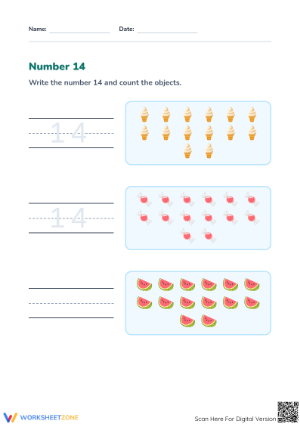 Printable Number 14 Handwriting and Counting Worksheet