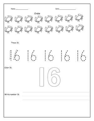 Tracing Number 16 Worksheet