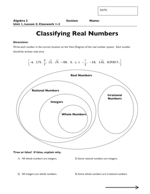 Classifying Real Numbers Worksheet