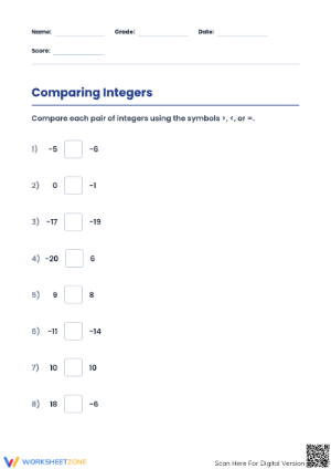 Grade 5 Comparing Integers — Printable No-Prep Worksheet