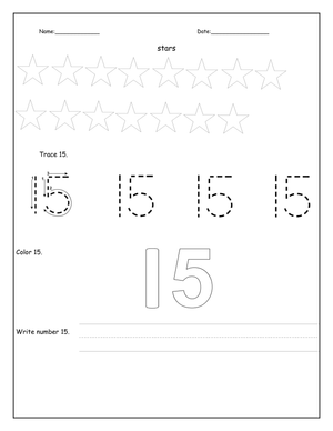 Number 15 Worksheet – Count, Trace, Color, and Write