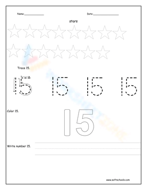 Number 15 Worksheet – Count, Trace, Color, and Write
