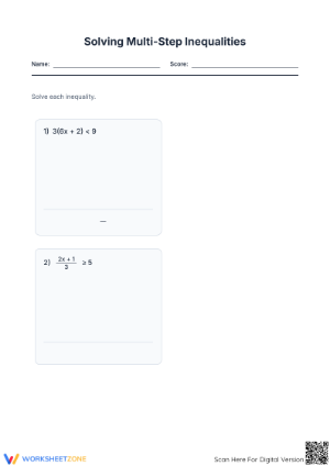 Printable Algebra Worksheet: Solving Multi-Step Inequalities