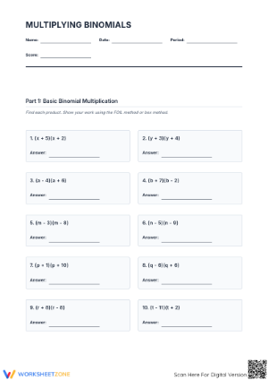 Printable Multiplying Binomials Worksheet | Algebra Ready