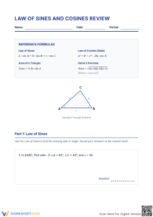 Law of Sines and Cosines Review Worksheet | Essential Math