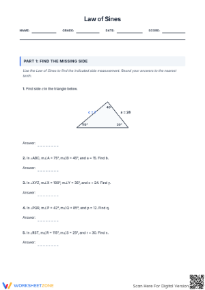 Law of Sines Practice Worksheet | Grade 10 Essential