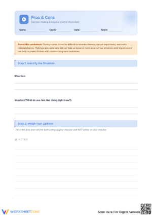 Pros and Cons Worksheet for Impulse Control