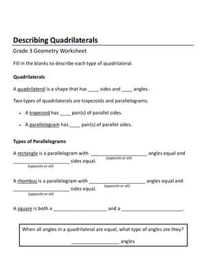 Describing Quadrilaterals Worksheet for Geometry
