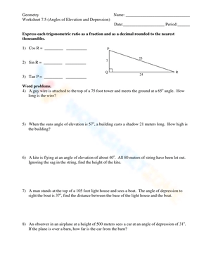Angles of Elevation and Depression Worksheet
