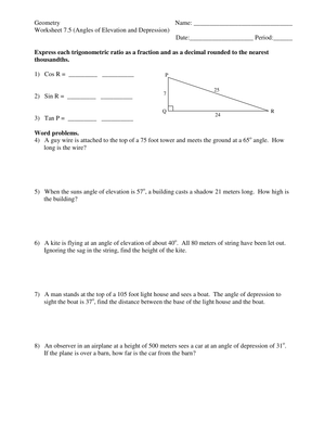 Angles of Elevation and Depression Worksheet