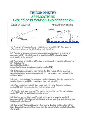 Trigonometry: Angles of Elevation and Depression Worksheet
