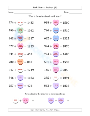 Math Heart Addition Worksheet for Valentine's Day