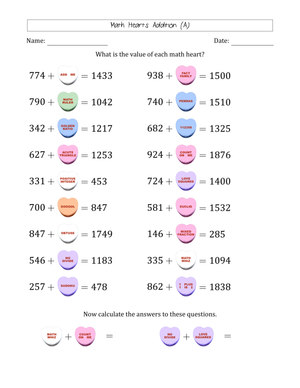 Math Heart Addition Worksheet for Valentine's Day