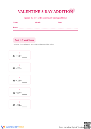 Essential Valentine's Day Addition Worksheet | Grades 7-9