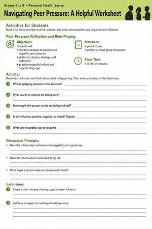 Peer Pressure Printable Worksheet | Grade 6-8 Health