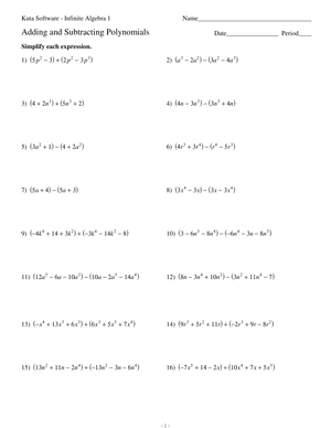 Adding and Subtracting Polynomials Worksheet 1