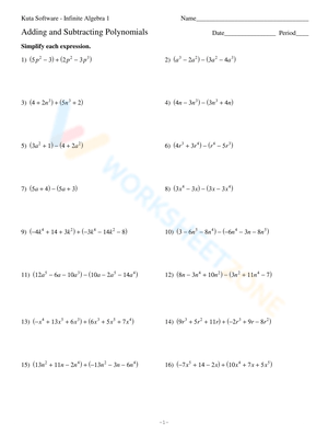 Adding and Subtracting Polynomials Worksheet 1