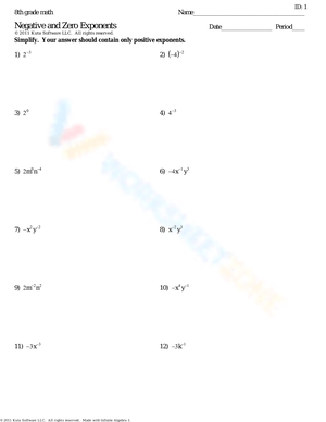 Negative and Zero Exponents Practice Worksheet