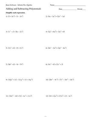 Adding and Subtracting Polynomials Worksheet 2