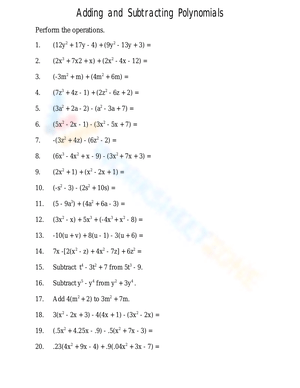 Free Adding and Subtracting Polynomials Worksheets