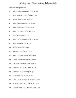 Adding and Subtracting Polynomials Practice Worksheet
