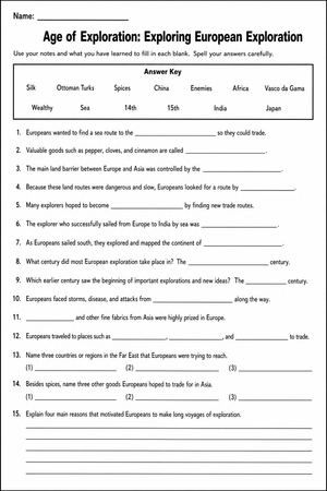 Age of Exploration Worksheet | Grade 7 Printable