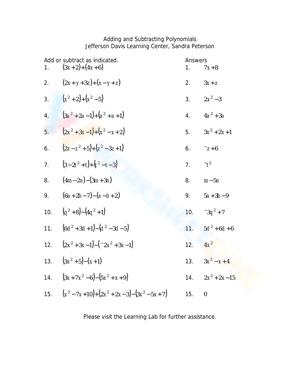 Adding and Subtracting Polynomials Advanced Practice