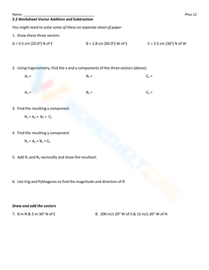 Worksheet on Vector Addition