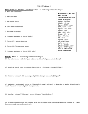 Dimensional Analysis Worksheet: Unit Conversion